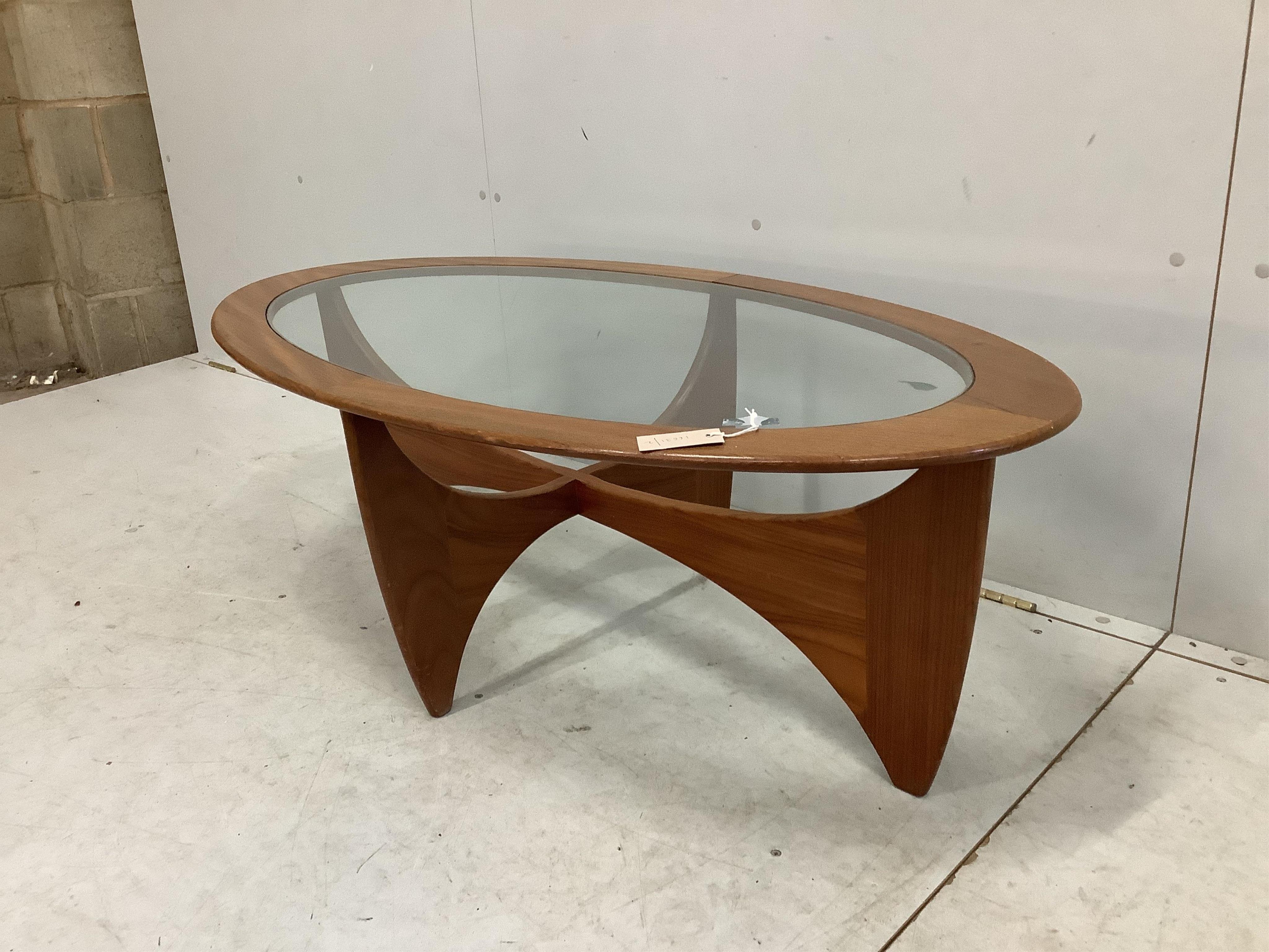 A G Plan Astro coffee table, width 122cm, depth 66cm, height 41cm. Condition - fair, one timber joint slightly opened